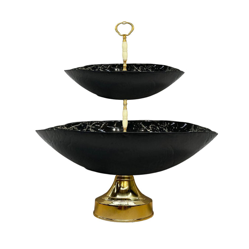 Glasscom Black Gold Abstract Art Engraved Glass Two Tier Cake Server Gold Stand