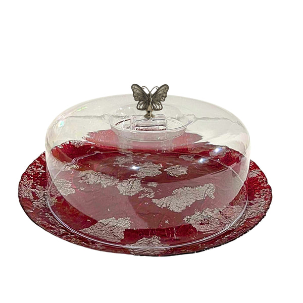Glasscom Abstract Art Red Silver Cake Server Tray with Lid 33 cm