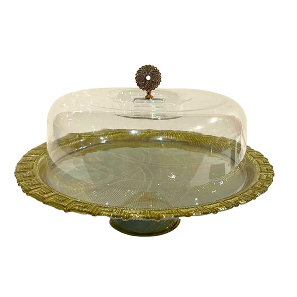 Glasscom Greek Key Turquoise Footed Cake Server Tray with Lid 33 cm