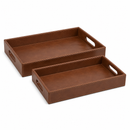 Two brown leather trays with handles on a white background
