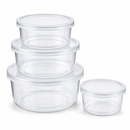 Set of clear plastic food containers with lids on a white background