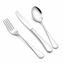 Silver fork, knife, and spoon set on a white background