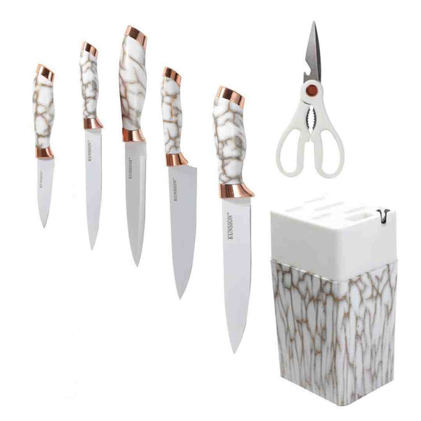 Premium Quality Stainless Steel Chef Kitchen Knife Set of 7 Pcs With Knife Stand White Marble Coating 33 cm