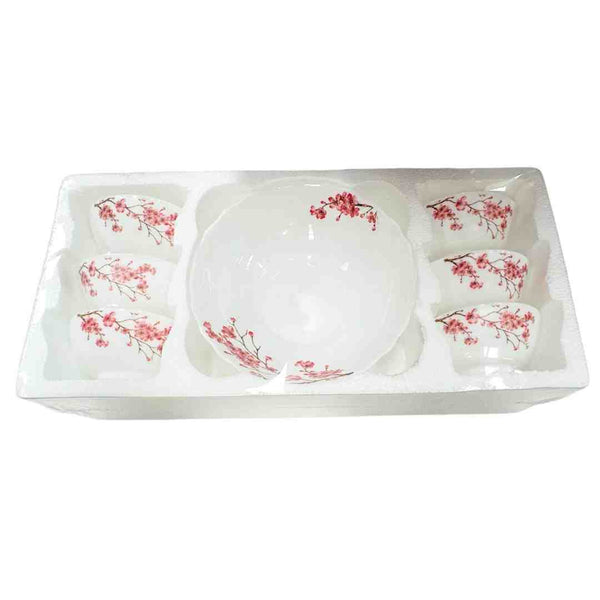 Royal Floral Pattern Opal Glass Dinnerware Set of 7 pcs with Dinner Plate Bowls Serveware