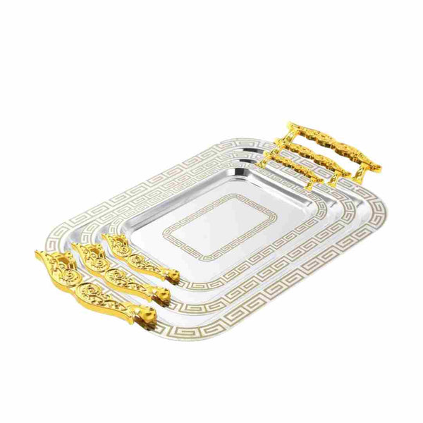 Stainless Steel Deco Rectangle Gold Serving Tray Set of 3 with Deco Handles - Classic Homeware and Gifts