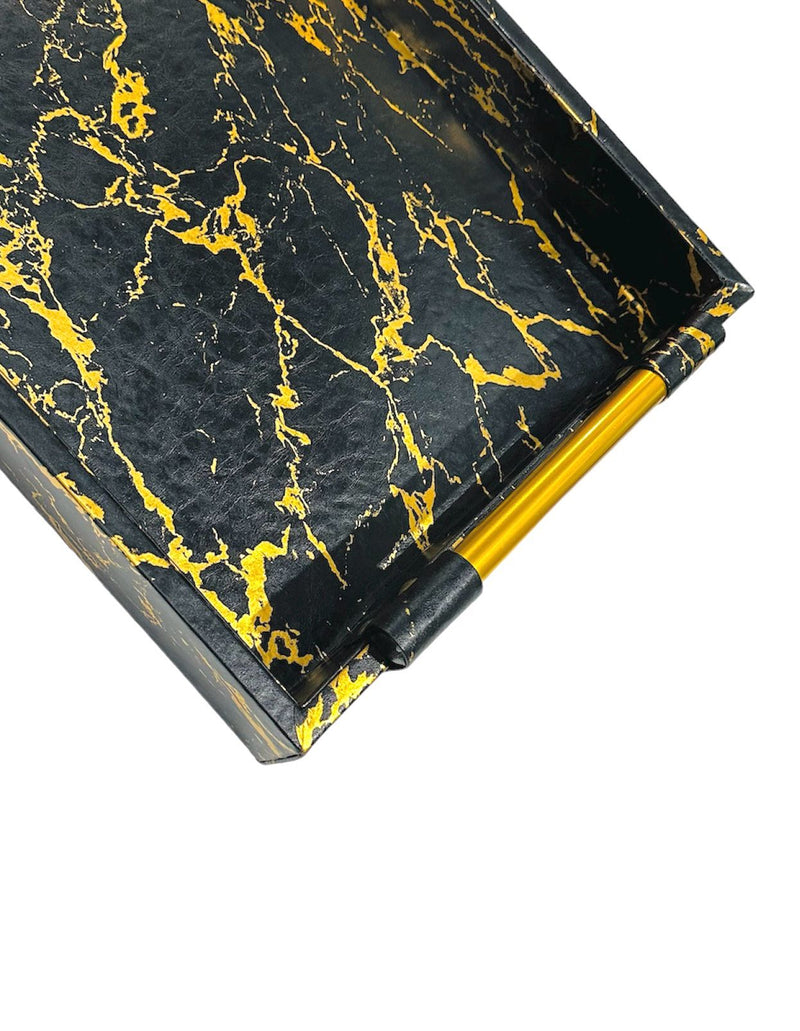 Deco Black Gold Marble Rectangle Serving Tray Set of 2 Pcs Metal Handles 41.5*30*5.5/48.5*35*5.5 cm