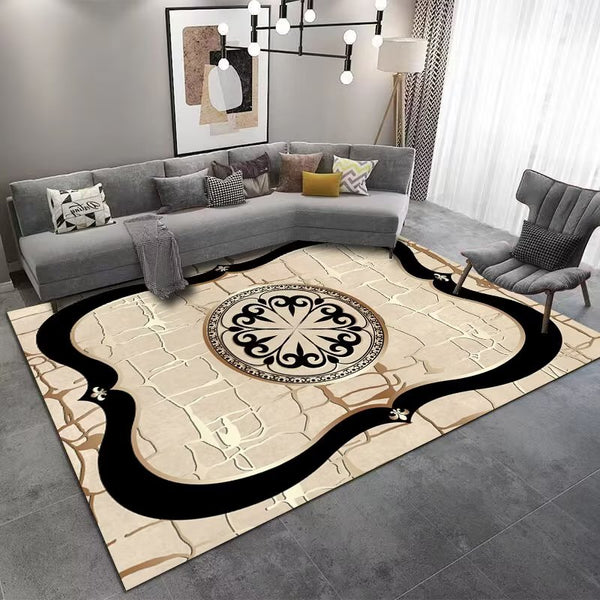 Luxury Leather Pattern Medallion Reed Machine Woven Indoor Area Rug Carpet Beige with Vintage Abstract Art 160*230 cm
