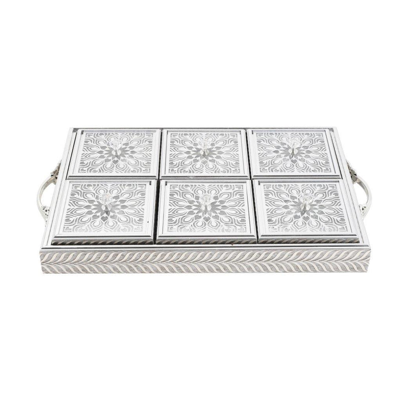 Engraved Deco Silver Candy Box Nuts and Chocolates Serving Tray 6 Compartments with Lid 42*30*5.5 cm