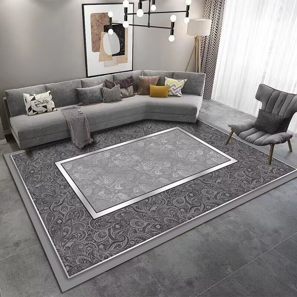 Alonso Modern Artistic Design Machine Woven Indoor Area Rug Carpet Metallic Grey and Silver with Floral Frame Border 160*230 cm