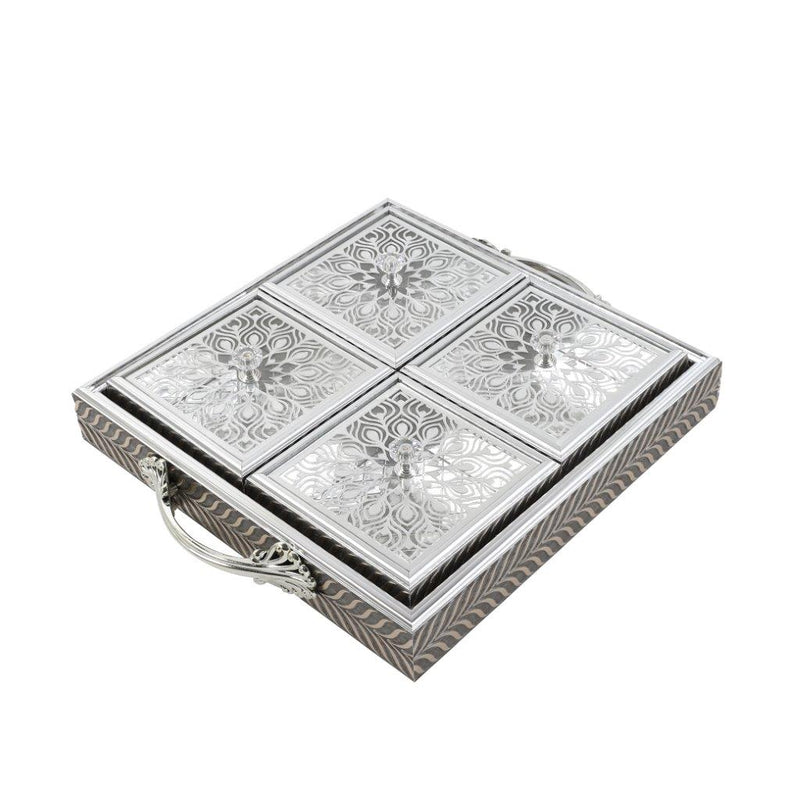 Engraved Deco Silver Candy Box Nuts and Chocolates Serving Tray 4 Compartments with Lid 30*30*5.5 cm