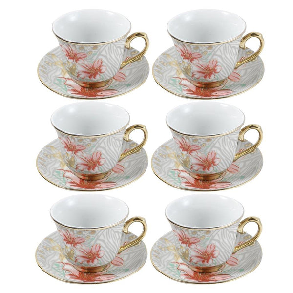 Ceramic Tea Cup and Saucer Set of 6 Pcs Floral Design Cup 7.5*9 cm Saucer 14 cm