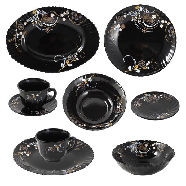 Royal Black Floral Pattern Opal Glass Dinnerware Set of 32 pcs with Dinner Plates, Bowls, and Serveware - Classic Homeware & Gifts