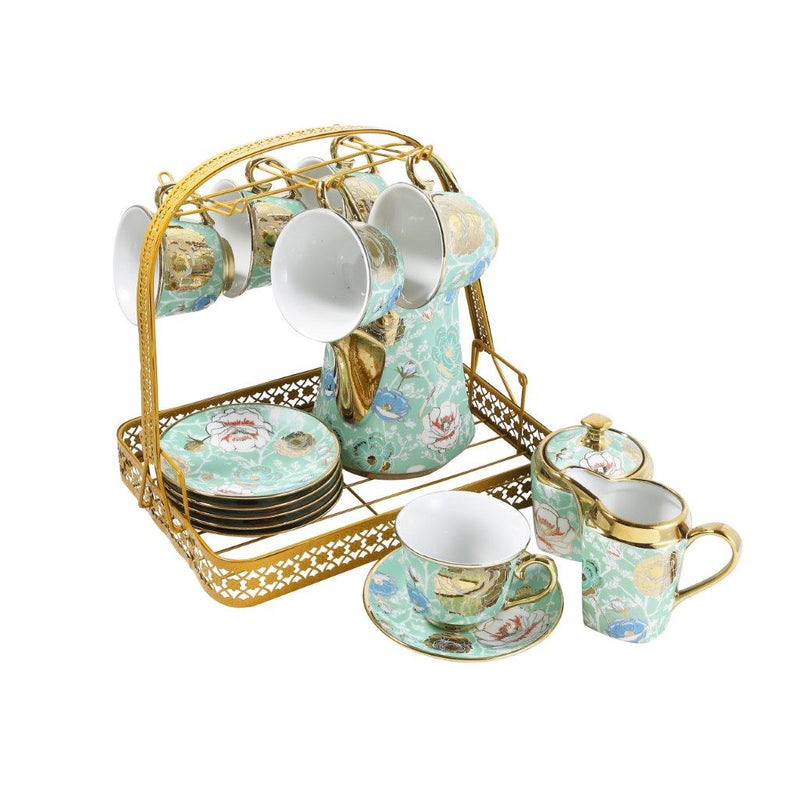 Ceramic Tea Cup and Saucer Set of 15 Pcs with Milk Pot Sugar Pot and Stand Turquoise 130 ml