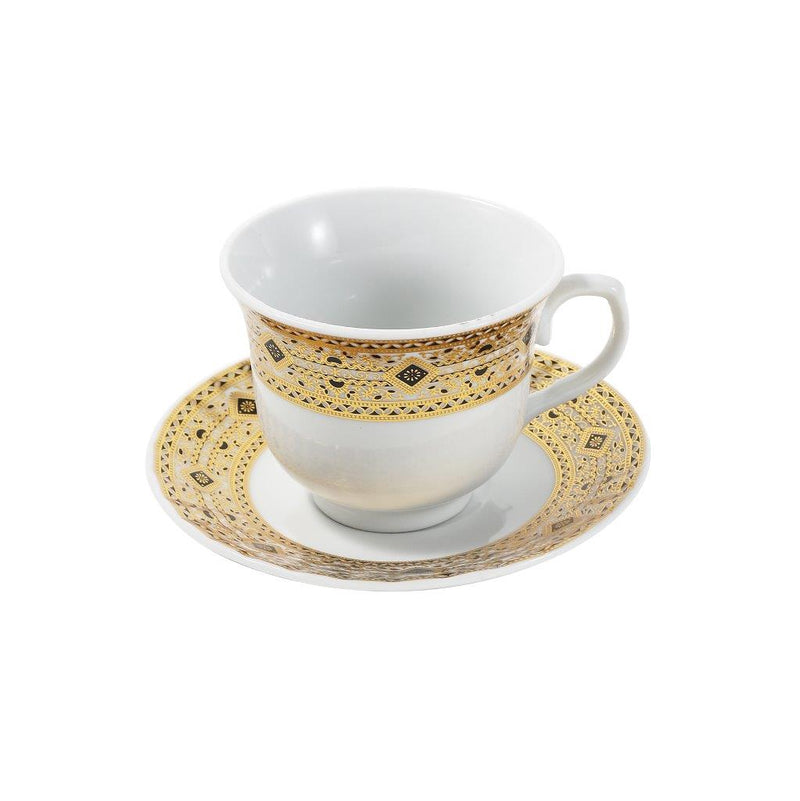 Ceramic Tea Cup and Saucer Set of 6 Pcs Gold Abstract Design 220 ml