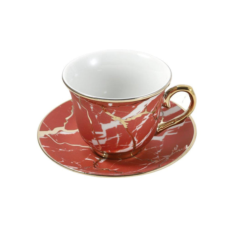 Ceramic Tea Cup and Saucer Set of 6 Pcs Red Abstract Design Cup 7.5*9 cm Saucer 14 cm