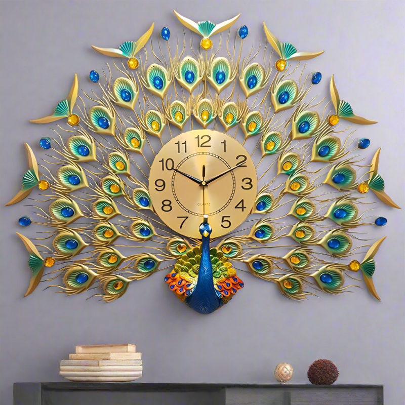 European Wall Style Metal Peacock Home Decorative Clock Wall Art 80*60 cm