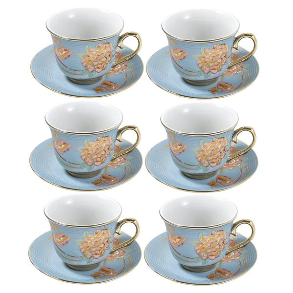Ceramic Tea Cup and Saucer Set of 6 Pcs Blue Floral Design Cup 7.5*9 cm Saucer 14 cm