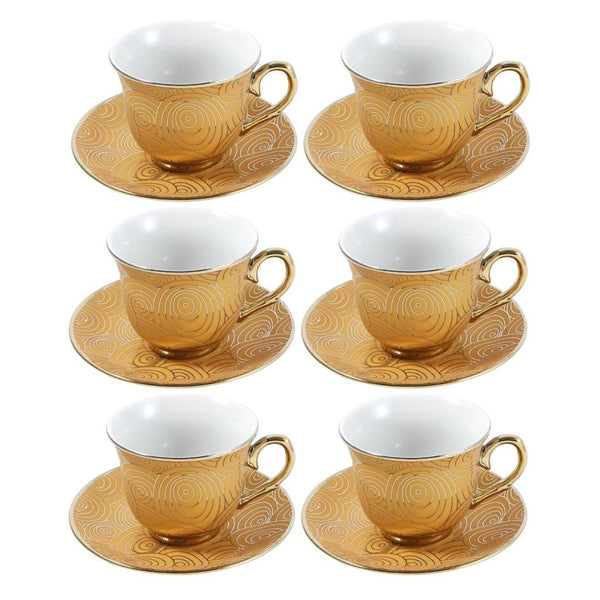 Ceramic Tea Cup and Saucer Set of 6 Pcs Gold Abstract Design Cup 7.5*9 cm Saucer 14 cm