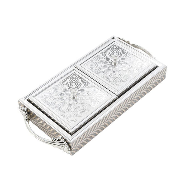 Engraved Deco Silver Candy Box Nuts and Chocolates Serving Tray 2 Compartments with Lid 29*15.5*5.5 cm