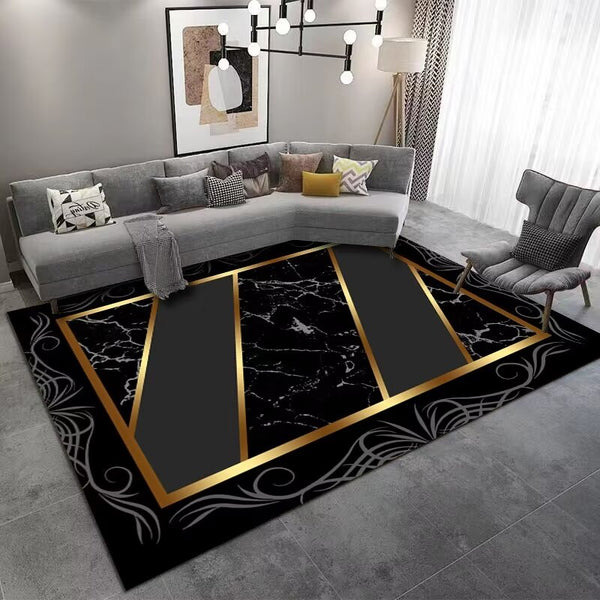 European Modern 3D Black Marble Machine Woven Indoor Area Rug Carpet with Chevron Gold Geometric Lines Border 200*300 cm