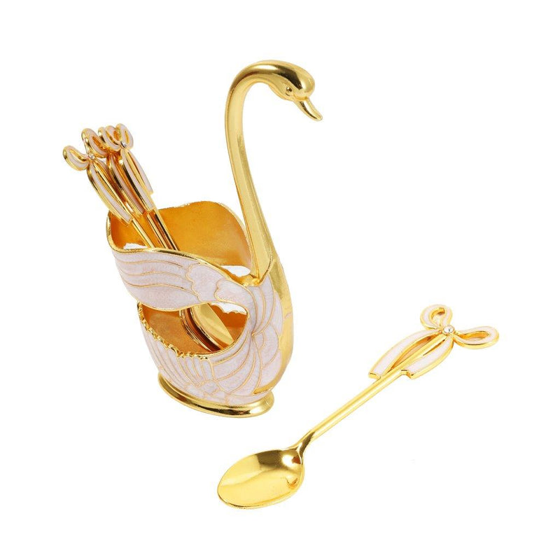 Stainless Steel Gold Swan Spoon Set Cutlery Holder Set of 6 PCs 15 cm