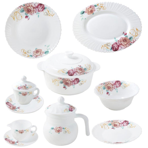 Royal Floral Pattern Opal Glass Dinnerware Set of 72 pcs with Dinner Plates, Bowls, and Serveware - Classic Homeware & Gifts