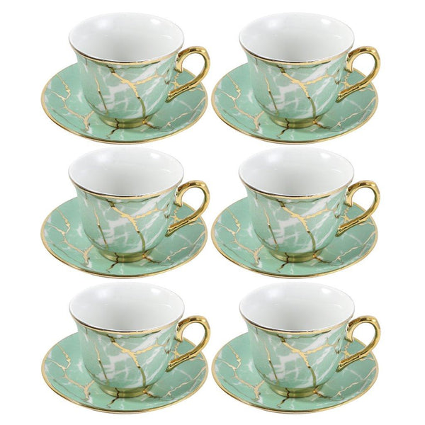 Ceramic Tea Cup and Saucer Set of 6 Pcs Blue Floral Design Cup 7.5*9 cm Saucer 14 cm