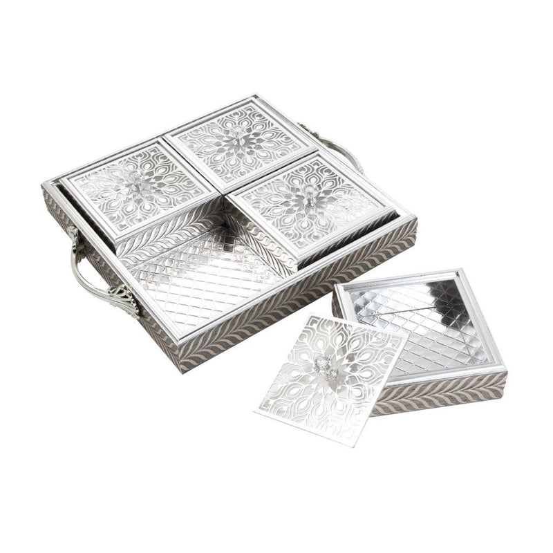 Engraved Deco Silver Candy Box Nuts and Chocolates Serving Tray 4 Compartments with Lid 30*30*5.5 cm