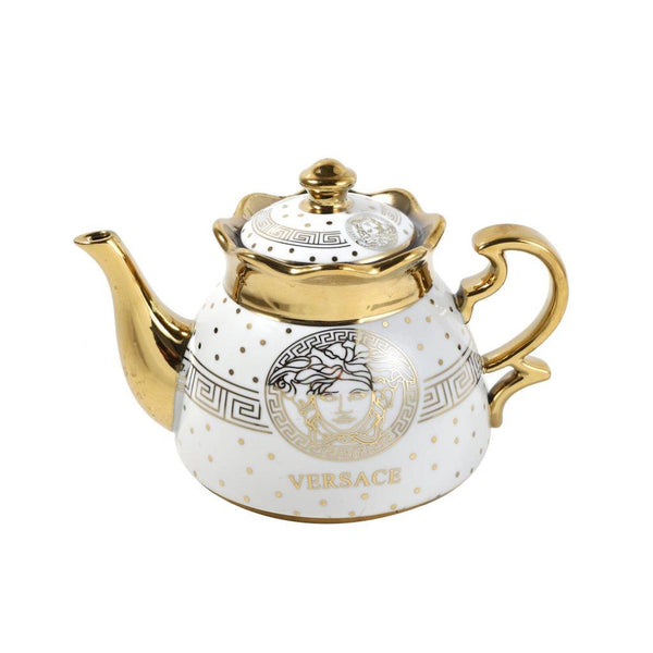 Ceramic Greek Gold Key Print Tea Cup and Saucer Set of 14 Pcs with Teapot Kettle and Stand Pot 14.5*22 cm/9*7.5 cm