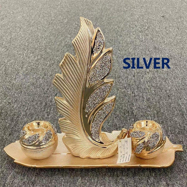 Ceramic Hand Crafted Silver Leaf Shaped Candleholder Plate 42*5*19*10.5/15*7*31/8.5*8.5*8 cm
