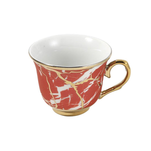 Ceramic Tea Cup and Saucer Set of 6 Pcs Red Abstract Design Cup 7.5*9 cm Saucer 14 cm