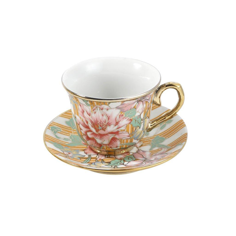 Ceramic Tea Cup and Saucer Set of 13 Pcs with Tea Pot and Stand in Gold Floral Design