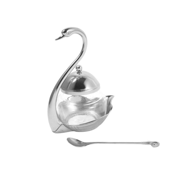 Stainless Steel Silver Swan Condiment Jar Seasoning Container with Spoon 15.5 cm