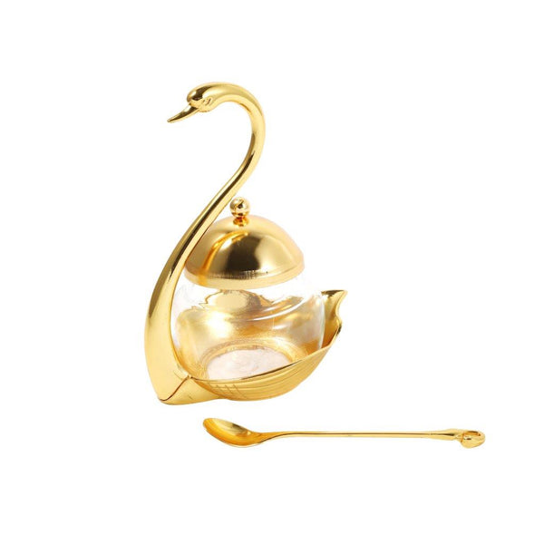 Stainless Steel Gold Swan Condiment Jar Seasoning Container with Spoon 15.5 cm