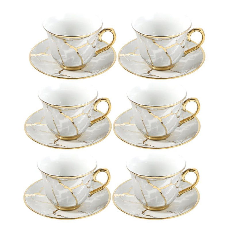 Ceramic Tea Cup and Saucer Set of 6 Pcs Grey Abstract Design Cup 7.5*9 cm Saucer 14 cm