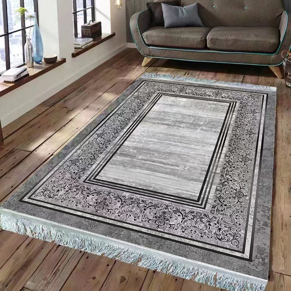 Alonso Modern Artistic Design Machine Woven Indoor Area Rug Carpet Grey and Silver with Floral Frame Border 200*300 cm
