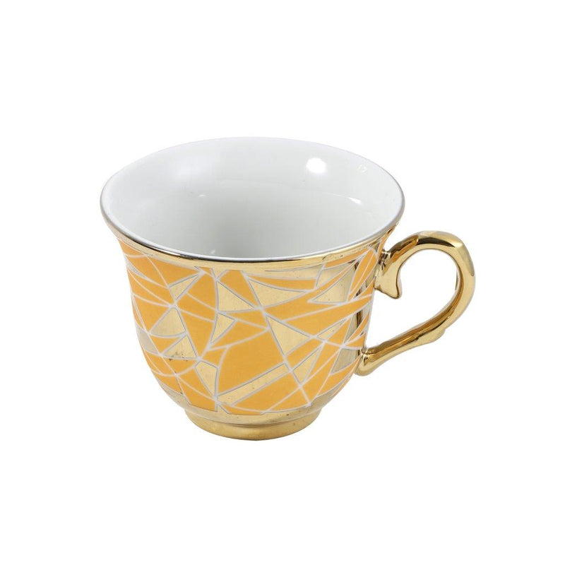 Ceramic Tea Cup and Saucer Set of 6 Pcs Gold Abstract Design Cup 7.5*9 cm Saucer 14 cm