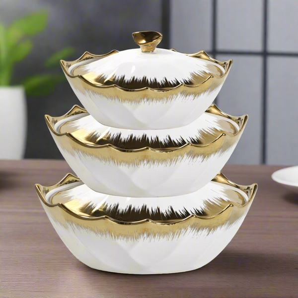 White Ceramic Gold Rim Bowl Fine Porcelain Casserole Set of 3 Pcs 25*16*9/29.5*18.5*10.5/34*21*11.5 cm