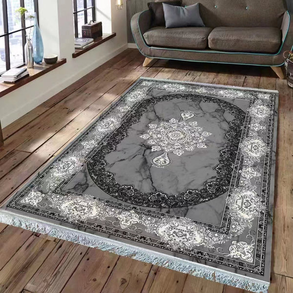 Sementa Traditional Medallion Reed Machine Woven Indoor Area Rug Carpet Grey with Vintage Lace Border 200*300 cm