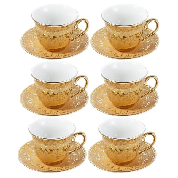 Ceramic Tea Cup and Saucer Set of 6 Pcs Gold Abstract Design Cup 7.5*9 cm Saucer 14 cm