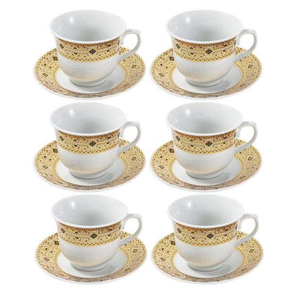 Ceramic Tea Cup and Saucer Set of 6 Pcs Gold Abstract Design 220 ml