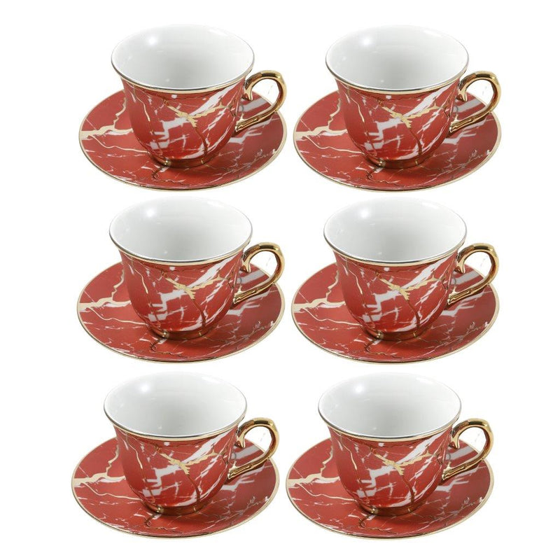 Ceramic Tea Cup and Saucer Set of 6 Pcs Red Abstract Design Cup 7.5*9 cm Saucer 14 cm