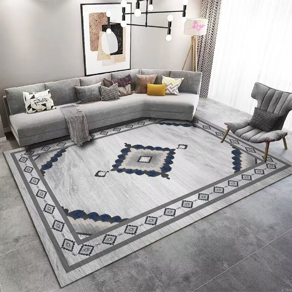 Contemporary Luxury Artistic Design Abstract Medallion Machine Woven Indoor Area Rug Carpet Light Grey with Embroidery Border 160*230 cm
