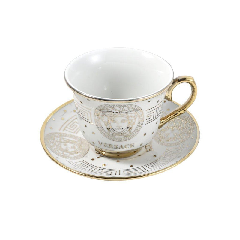 Ceramic Greek Gold Key Print Tea Cup and Saucer Set of 14 Pcs with Teapot Kettle and Stand Pot 14.5*22 cm/9*7.5 cm