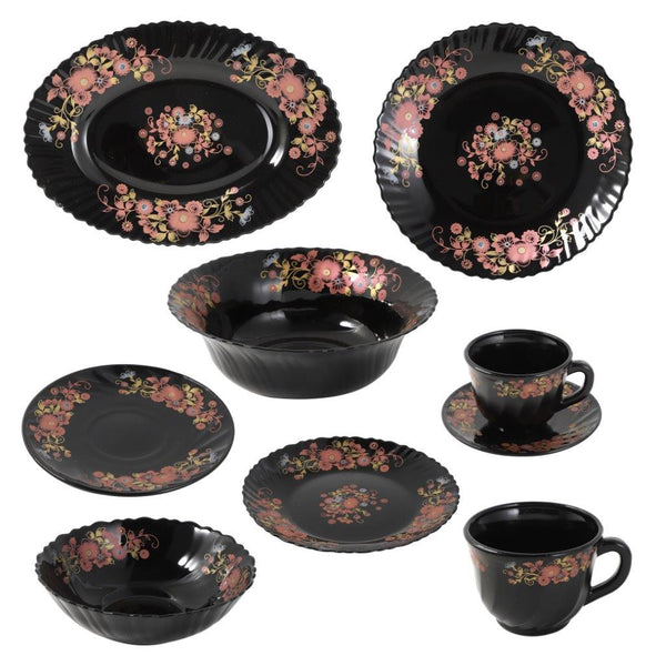 Black Royal Floral Pattern Opal Glass Dinnerware Set of 32 pcs with Dinner Plates, Bowls, and Serveware - Classic Homeware & Gifts