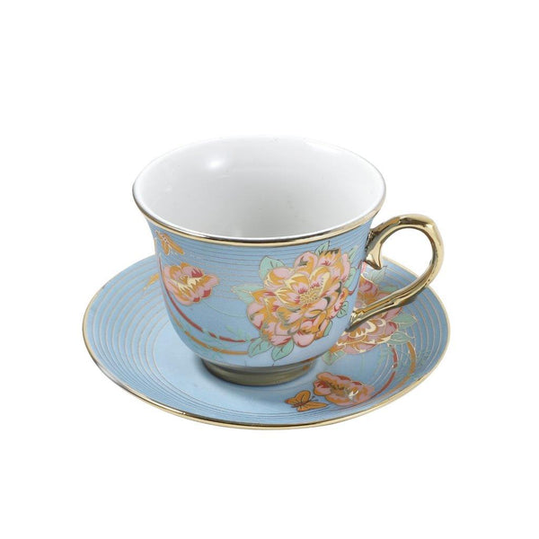 Ceramic Tea Cup and Saucer Set of 6 Pcs Blue Floral Design Cup 7.5*9 cm Saucer 14 cm