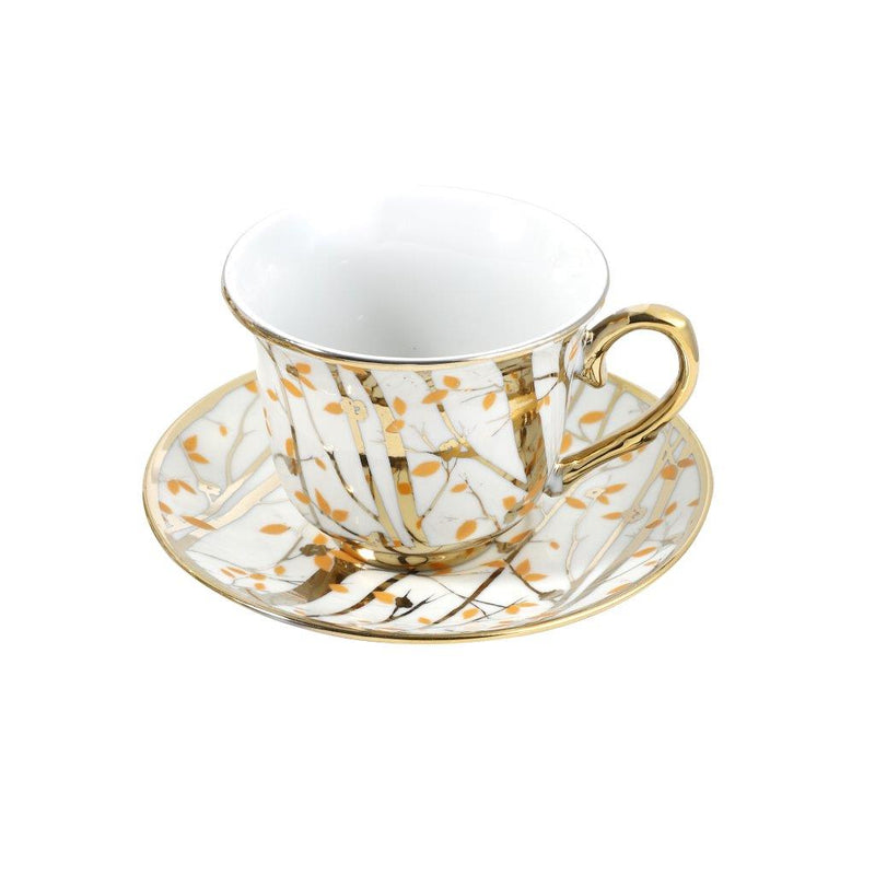 Ceramic Tea Cup and Saucer Set of 15 pcs with Milk Pot Sugar Pot and Stand Gold Floral 130 ml