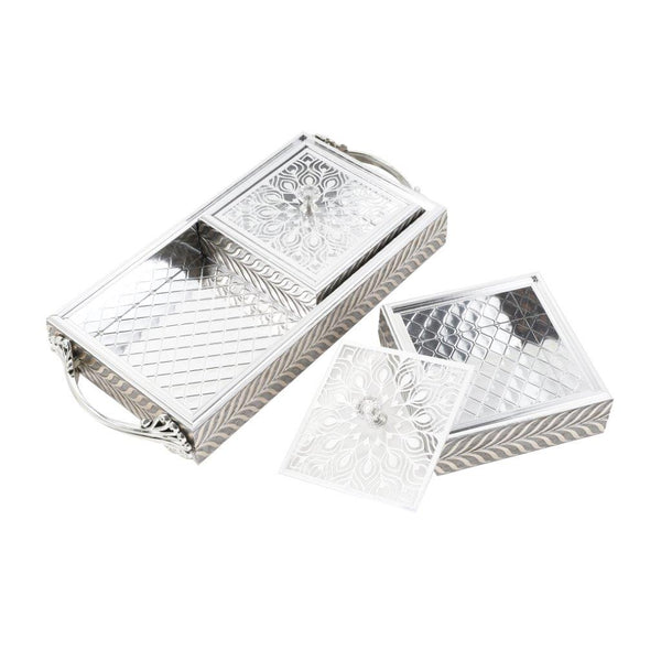 Engraved Deco Silver Candy Box Nuts and Chocolates Serving Tray 2 Compartments with Lid 29*15.5*5.5 cm