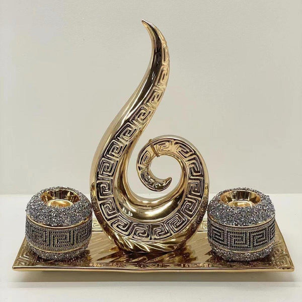Ceramic Hand Crafted Gold Abstract Shaped Candleholder Plate 36*16*11.5,15.5*8.30,7.5*7.5*8 cm