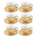 Ceramic Tea Cup and Saucer Set of 6 Pcs Gold Abstract Design Cup 7.5*9 cm Saucer 14 cm